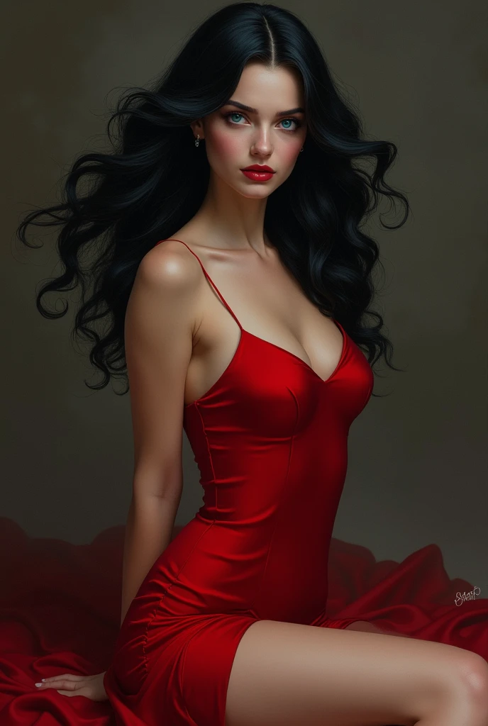 A girl with waist length black curly hair in a red v-neck long dress with a slit