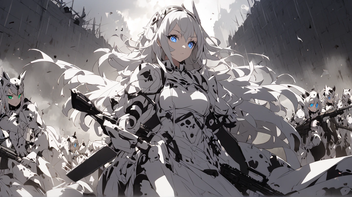 White cat、Personification、Beauty、Queen、 pretty eyes、battlefield、 holding an assault rifle