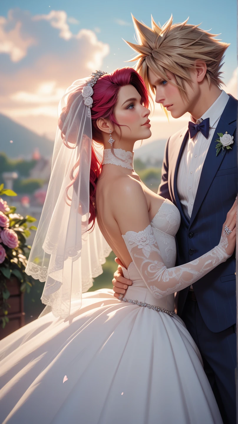 Wedding day, dreamy garden of pink flowers, bride red hair, heavy makeup, eyelashes, red lipstick, crystal blue eyes, high detail white wedding dress, sexy breasts, pink damask roses garden background, amazing sky, waiting for the groom , full body , updress, full_nelson_sex, grabbed from behind, uplegs held, pussyfuck