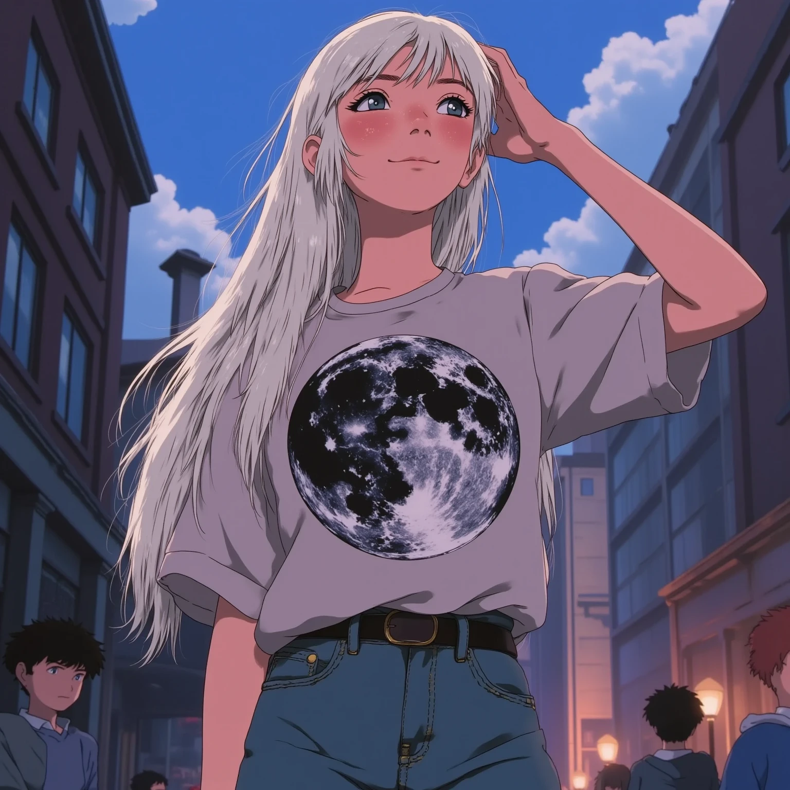 A young woman stands under the soft light of a city streetlamp, her long white hair cascading around her shoulders, glowing gently in the warm light. She wears a loose, oversized t-shirt with a large print of the Moon, its surface detailed with intricate craters and ethereal colors. Her high-waisted jeans and worn sneakers complete her laid-back yet striking look. With a wide, confident smile and bright, expressive eyes, she exudes a sense of wonder and adventure. The surrounding environment, bathed in soft hues of blue, purple, and pink, creates a nostalgic, dreamlike atmosphere. The scene, inspired by Ghibli, is filled with delicate textures and rich, painterly details, blending serenity with a vibrant energy.

