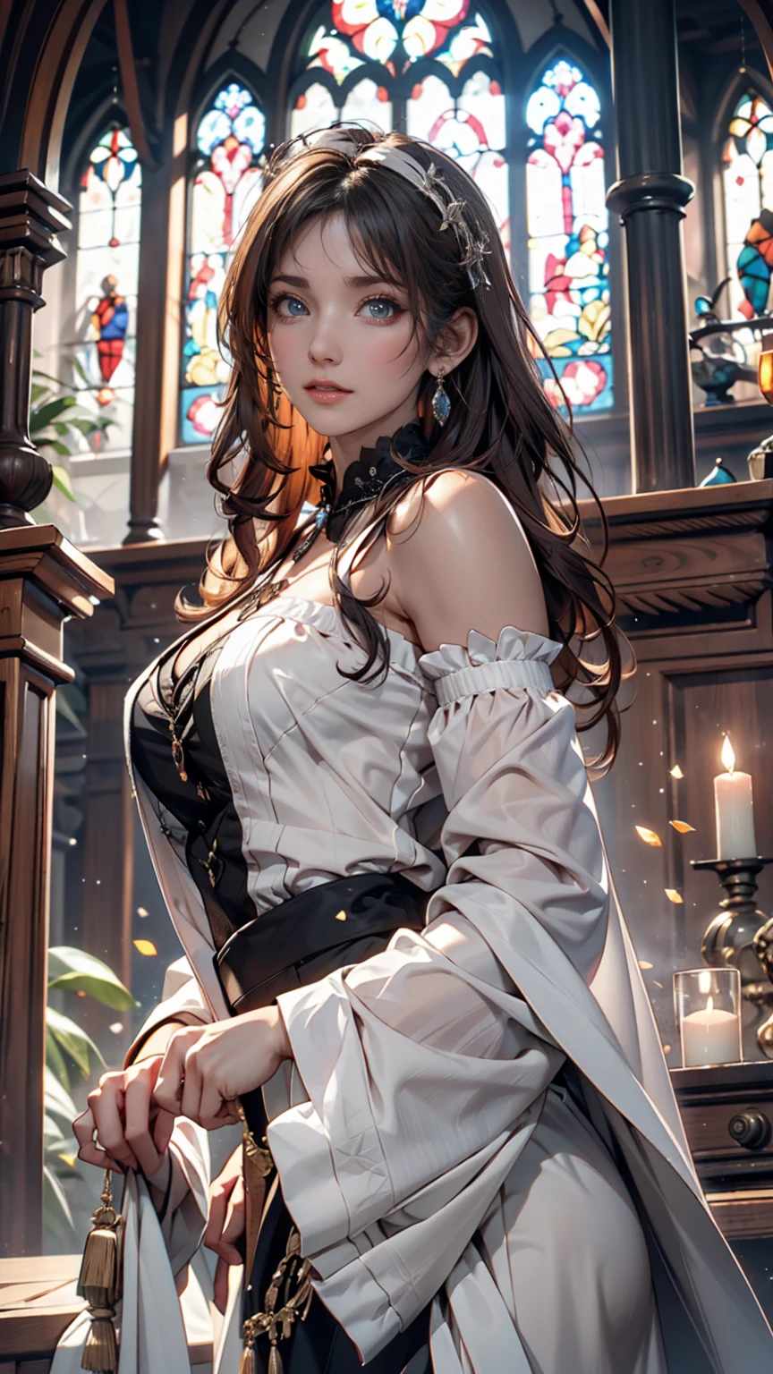 A Japanese woman with a dark and mysterious aura、Gothic Fashion。Black lace dress、Red Lip、antique accessories、In the background is the stained glass of an old church
