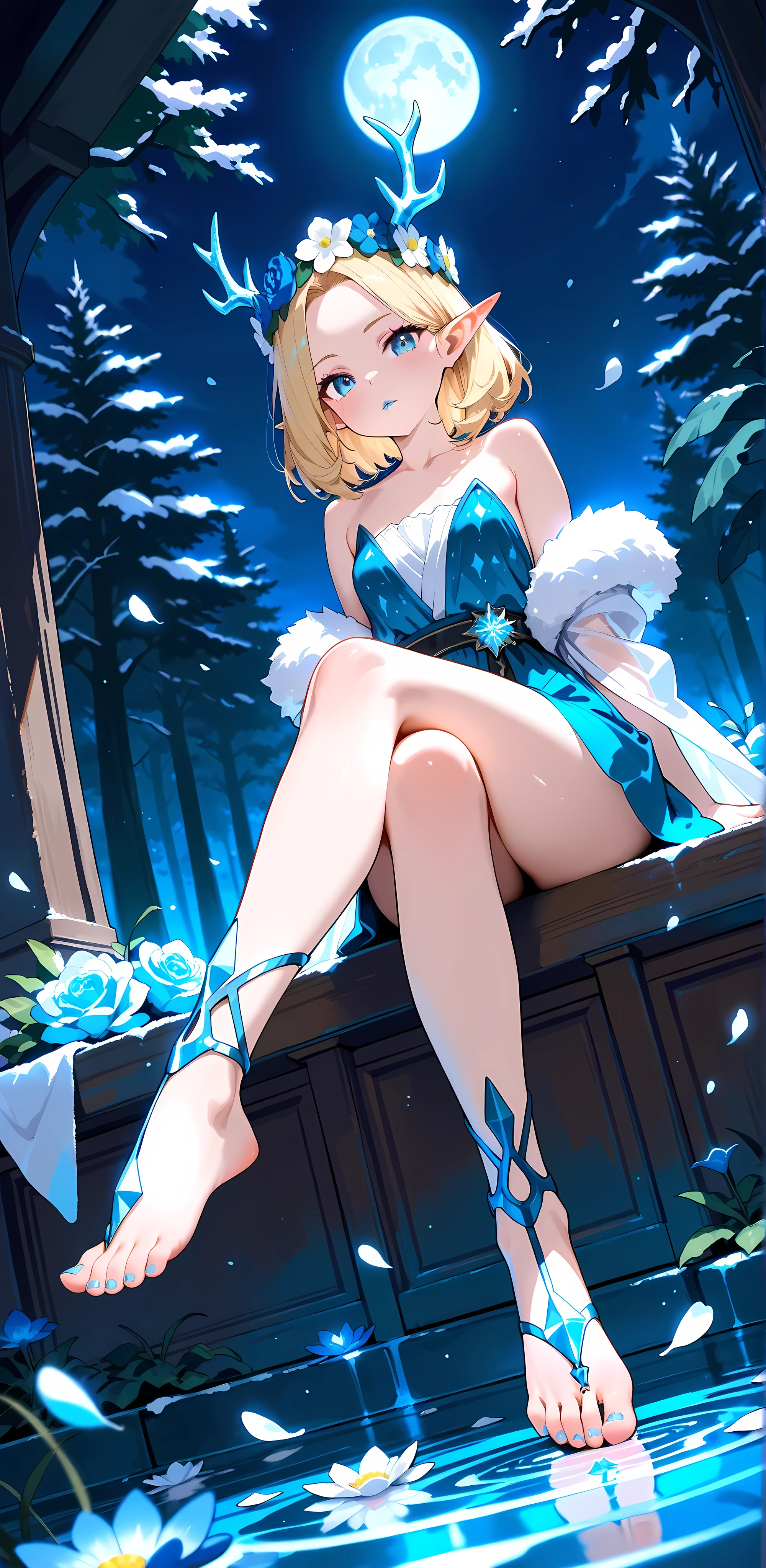 8k, (masterpiece), best quality, perfect face,perfect body, 1 woman, 1female, 1 girl,solo,detailed skin, shiny skin, 1girl, solo, , badass, beautiful face,k eyeliner, lips, ,, dynamic angle, long eyelashes, collarbone, , absurdres, high res, ultrasharp, 8K, masterpiece, in style of Hans Hartung,in style of Heinrich Lefler,in style of Barbara Takenaga-【Special dot pattern】-,in style of Aleksi Briclot, character concept design,1girl,cute_face,slender body,petite body,fair_skin,shiny hair,seductive posture,sitting_on_tree,((sitting_high)), see-through,woodland nymph tunic,floral wreath,barefoot sandals,knee highs,white legwear,open_clothes,elf, outdoors,nature,flower,falling_petals,night,moonlight,glowing_petals,full_moon,dark,from_below,sitting posture,hands supporting the body,1,BREAK gravure_pose,,leaning,lend 1 legs,1 hand on the lower jaw, , blue lips, sit , forehead, dynamic view, focus feet, toes nailed, (view on feet), expression, night, looking viewer,(bare-foot), (blue ice toes nailed), , blush, crossed legs, view from front, light and shadows, bare shoulder, ice queen, ice antler on head, blue ice antler, winter, cold, blond hair, (sitting high), (her feet doesn't touch the ground), mid air, medium hair