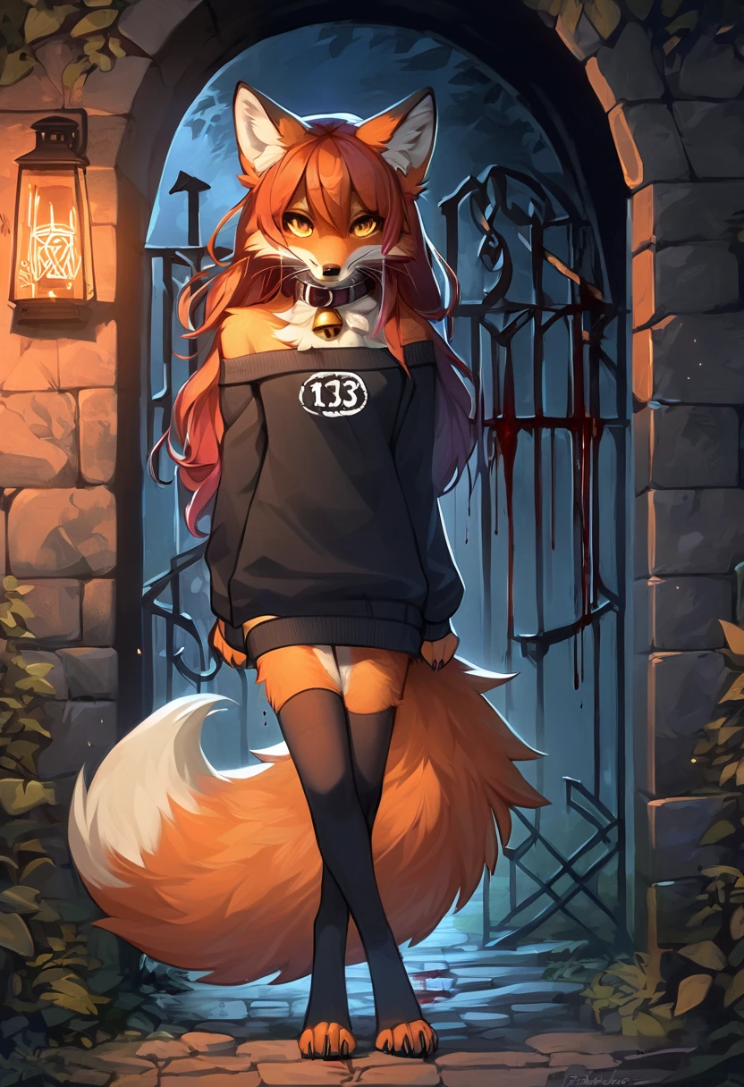 full body、Solo、unpralleled masterpiece、Detailed、 Beautiful、 score_9、 score_8_up、 score_7_up、(Friday the 13th、the number 13 written on a stone wall with blood)、moody atmosphere、mysterious、fox、anthro、furry、female、orange fur、(long hair、beautiful hair、orange hair、side swept hair、bangs)、yellow eyes、(tuft of fur)、(digitigrade、claws、fox paws、exposed feet)、(foxy whiskers)、(heavily shaded orange body、dark black shading on body)、(sassy pose、sassy hips、sassy、flirtatious)、fluffy tail、(light smile、soft smile)、wearing (Black simple stylish long socks、non-transparent thigh highs、Black crop off shoulder sweater、Colored hair bow、Collar with gold bell)、(stading next to a metallic gate、stone wall)、night、tree、lantern on post、incantations on wall、scratching finger onto wall、gazing at viewer with side eye