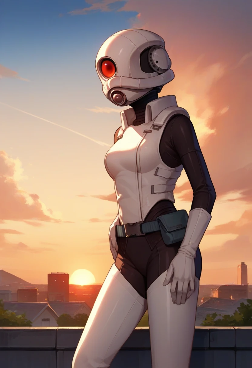 score_9, score_8_up, score_7_up, source_anime, solo, 1girl, combineassassin, standing, helmet, red eyes, one-eyed, white bodysuit, gloves, sunset, outdoors, rooftop 