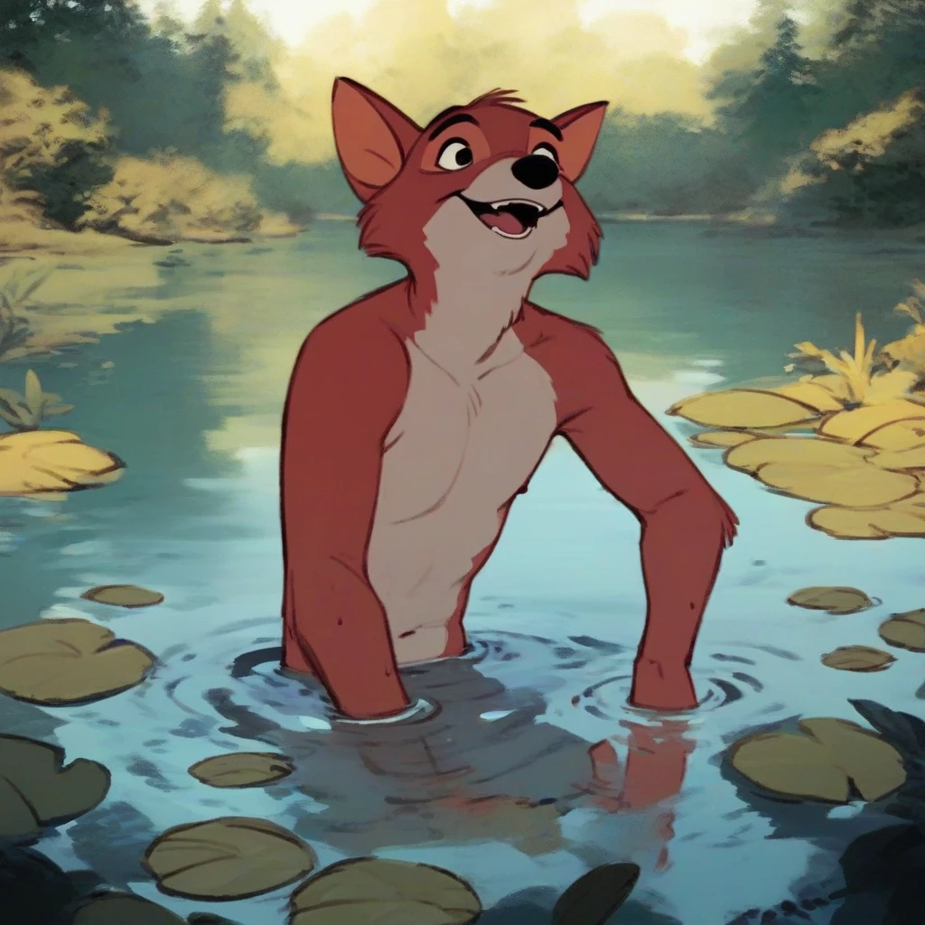 (robinhood:0.8) happy, naked, nude, bathing in lake, shirtless, 