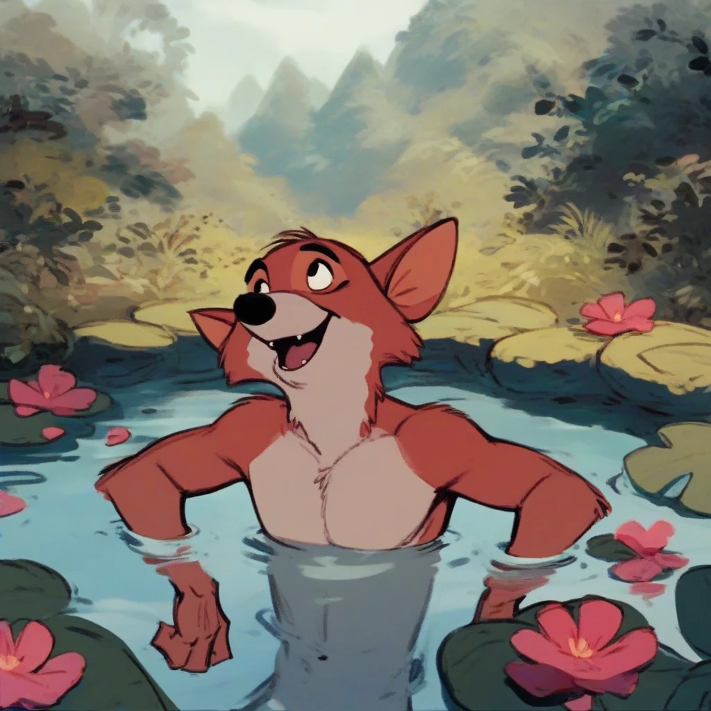 (robinhood:0.8) happy, naked, nude, bathing in lake, shirtless, 