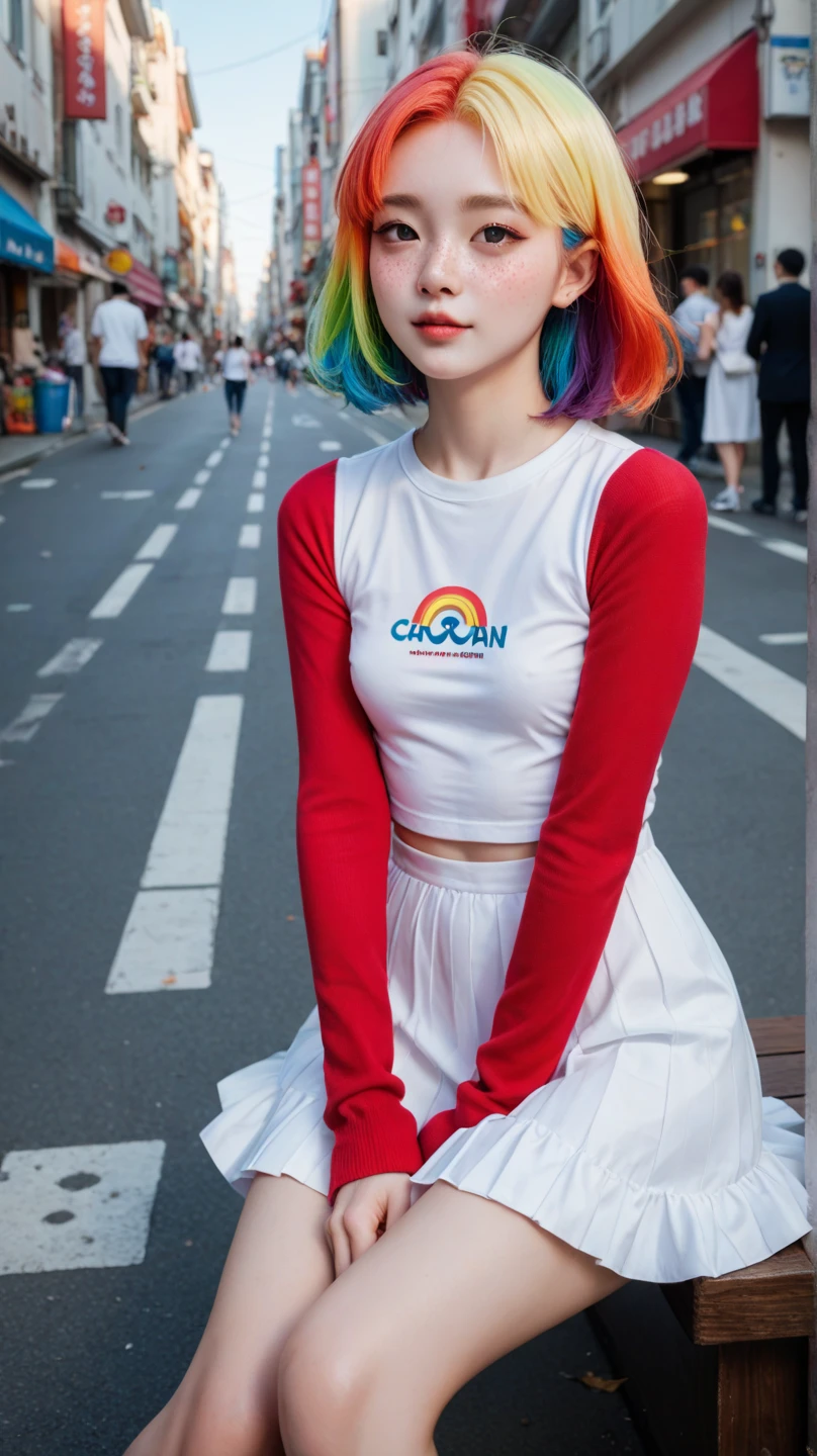 A Korean girl sitting on the street,  short rainbow-colored hair, very pretty,  extremely small breasts,  very small and thin body, slightly marked bones , Small angelic face, She is very thin and small, very fine features and white skin , 8k super detailed, with freckles,  short stature 