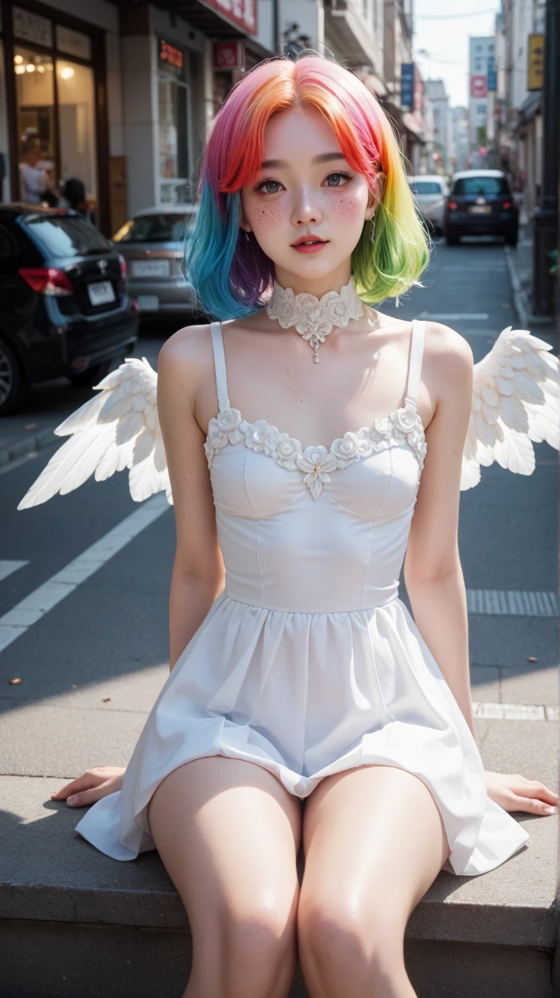 A Korean girl sitting on the street,  short rainbow-colored hair, very pretty,  extremely small breasts,  very small and thin body, slightly marked bones , Small angelic face, She is very thin and small, very fine features and white skin , 8k super detailed, with freckles,  short stature 