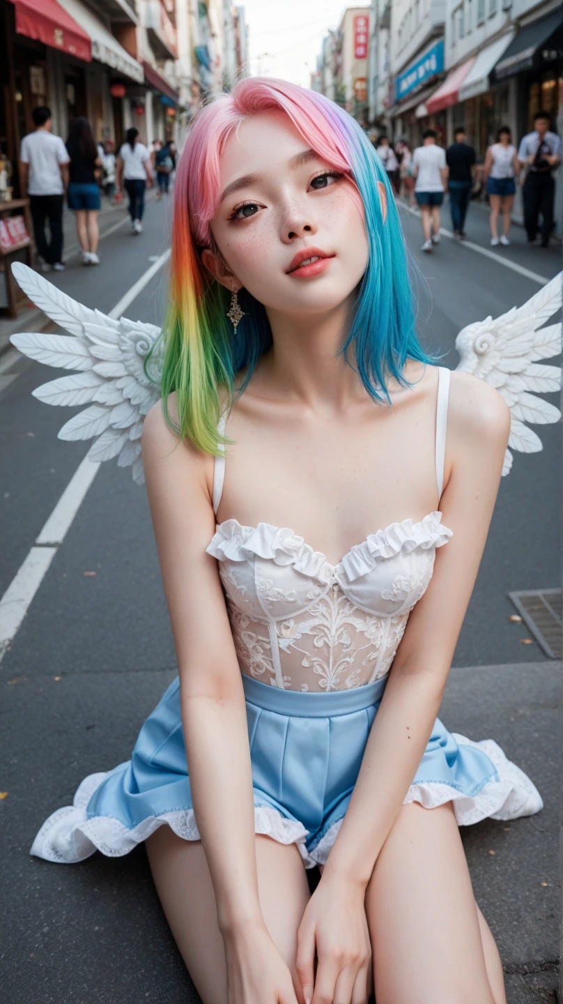 A Korean girl sitting on the street,  short rainbow-colored hair, very pretty,  extremely small breasts,  very small and thin body, slightly marked bones , Small angelic face, She is very thin and small, very fine features and white skin , 8k super detailed, with freckles,  short stature 