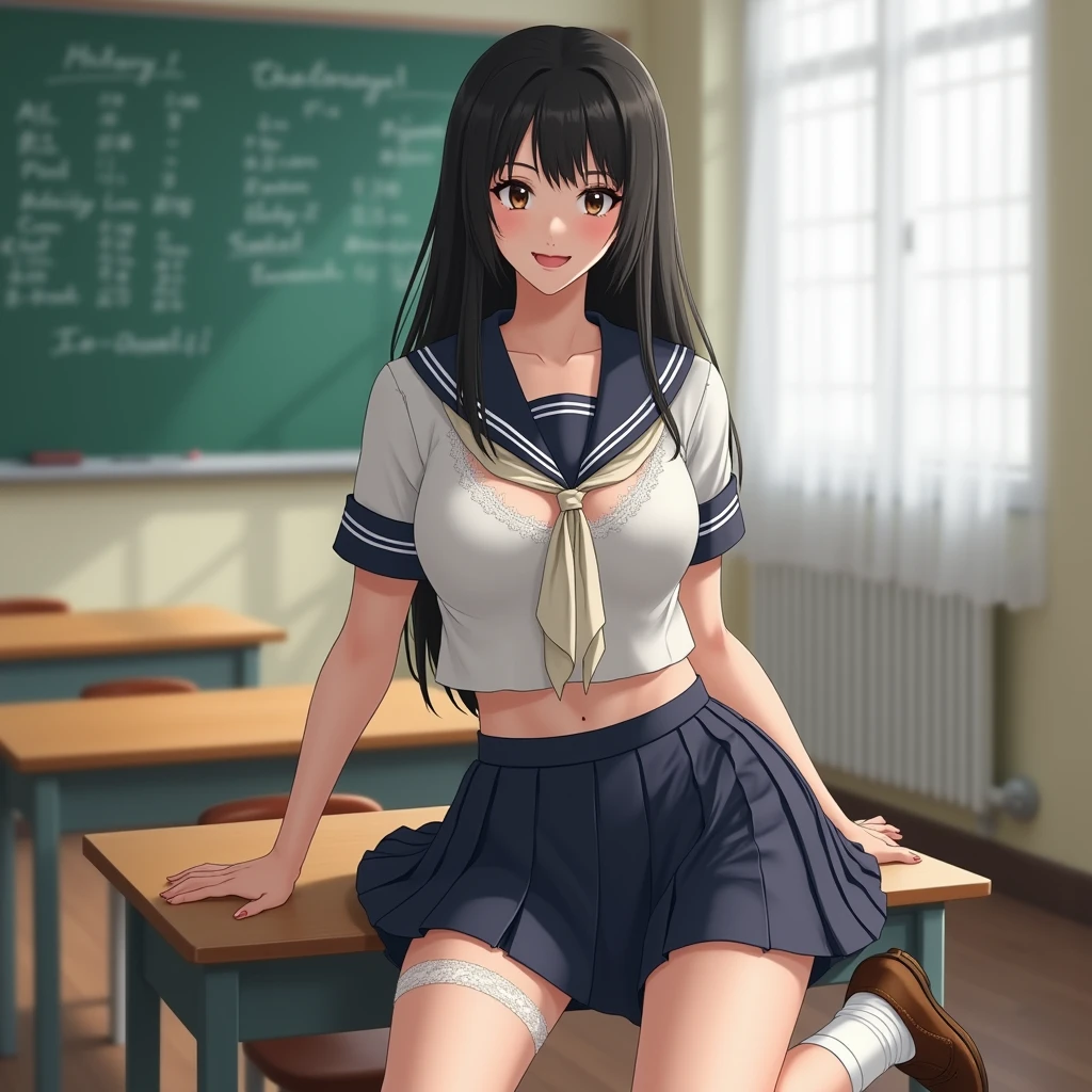 (Ultra-detailed、masutepiece, top-quality:1.3), (Ultra detailed 8K cg:1.2), (realisitic:1.35), (Photorealistic:1.45), (Realistic:1.4), Cowboy Shot, 1 beautiful Japanese girl, 28 years old, beautiful supermodel, Japanese Idol, (kneeling on the desk:1.1), (School uniform:1.4), (:1.2),Stand on your knees with only your left leg、(School classroom background:1.1), breasts, clBeautifulull of charm、blue-sky ((sfw)), (very detailed eyes), small breast, from behind