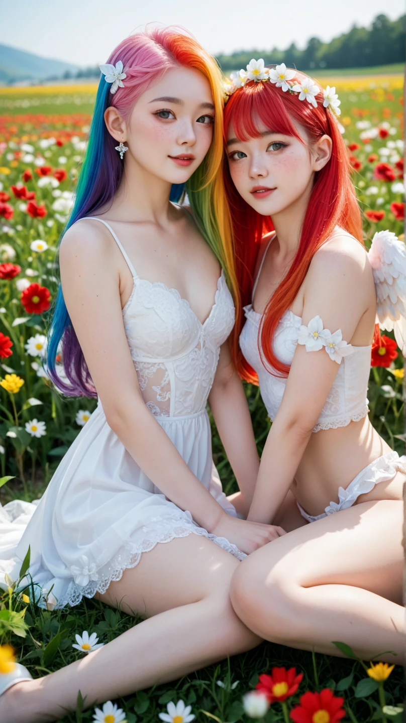  two Korean girls sitting in a field of flowers,  looking at the camera with a seductive look,  long rainbow-colored hair, very pretty,  extremely small breasts,  very small and thin body, slightly marked bones , Small angelic face, She is very thin and small, very fine features and white skin , 8k super detailed, with freckles,  short stature ,