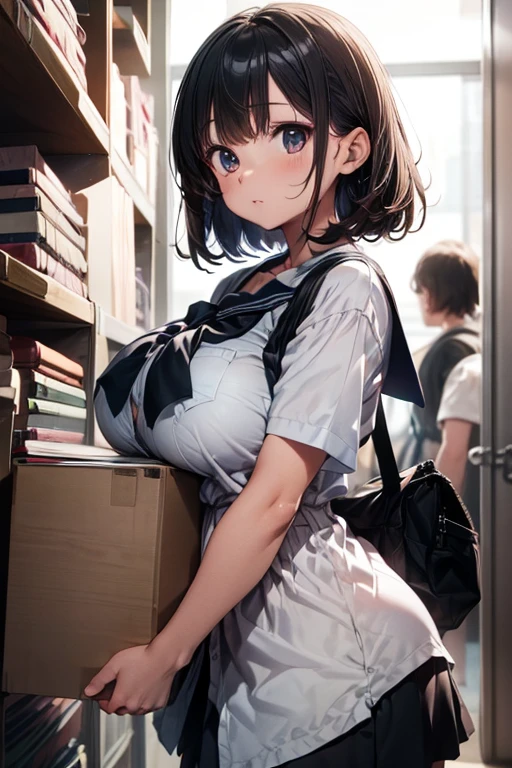 (masterpiece, best quality, highly detailed, ultra detailed, high resolution, absurdres, 4K, 8K:1.2), (official art, incredibly fine illustration, extremely detailed CG, detailed background, professional lighting, dynamic angle, perfect hands, detailed shiny skin, detailed hair, detailed eyes), library, Girl in uniform, serafuku, White shirt, Black skirt, Black short hair, Shiny hair, Shiny skin, carried breast rest
carrying, stack of books, (huge breasts),