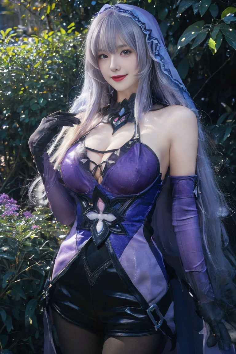 Elf girl, purple hat,big tits, purple ayes,realistic, ultra detail,70mm lens