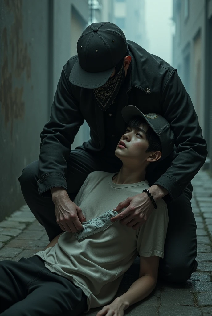 A black haired male police officer, wearing a bulletproof vest facing backwards and staring , where there is a man hanging with a chain without wearing any clothes, The atmosphere is tense like a psychopath. Realistic back to camera