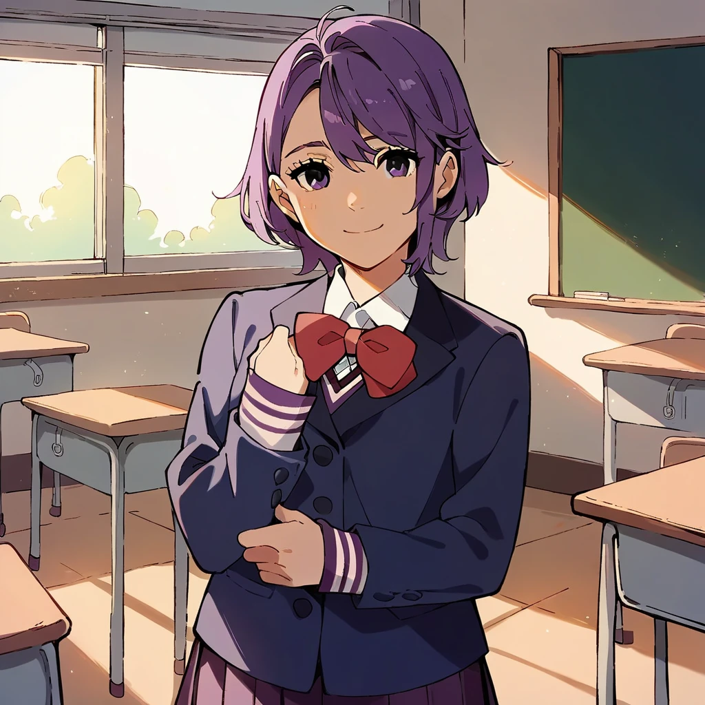Create a new character score_9, score_8_up, score_7_up, source_anime, Purple hair, medium short hair,bangs, red bowtie, purple sweater, blue blazer, long sleeves, purple eyes, looking at viewer, cowboy shot, smile, purple skirt, pleated skirt, classroom, cute