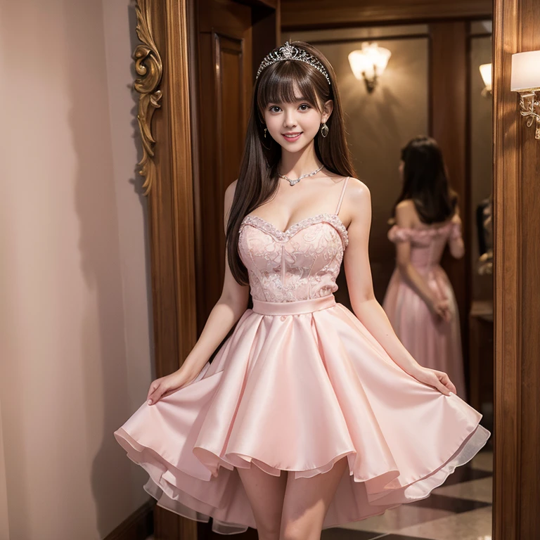 ((high quality:1.2)), (8k), extremely detailed, ((High detail:1.2)), ((best resolution:1.4)), Solo, ((18 years old pretty perfect Korean Ulzzang young:1.5)), ((pink dress strapless)), (perfect round breasts with silicone), (hourglass hot body),