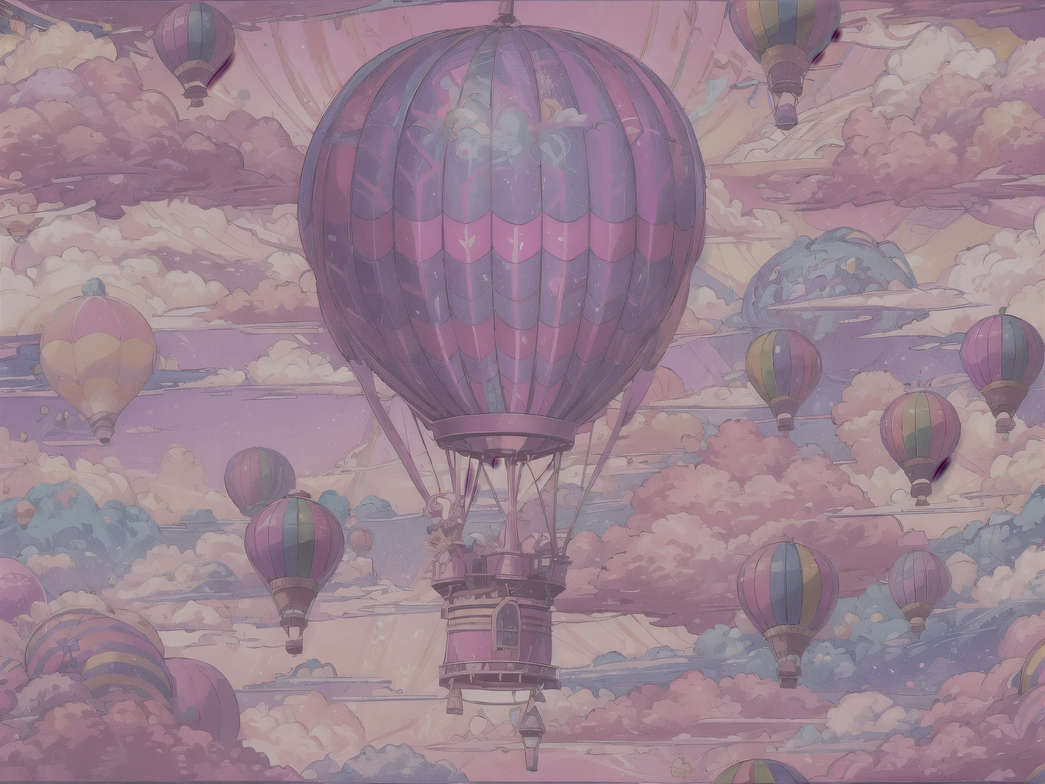 Generate a vibrant vaporwave scene with rich fantasy elements and hot air balloons. Include bold hues, watercolor clouds, and a dreamy background. The hot air balloon is important and should be detailed and pretty. 