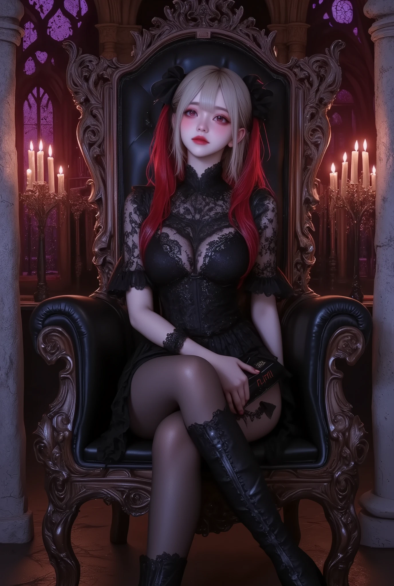 photo Realism style, digital painting, best quality, high detail, 1girl,solo, twin tails,bright hair color,fair skin,(false smile, empty eyes),gothic lolita fashion, black lace dress, black thigh-high stockings, black high-heeled boots, sitting pose on an ornate gothic chair, legs crossed, right hand holding black notebook with“Death Note”written in white letters,(Notes on the front),growing letters,BREAK,dark gothic background, intricate stone archways, stained glass windows with crimson and violet hues, flickering candles, shadows cast across the scene, subtle glowing light accents,BREAK, chromatic aberration, glowing light, anatomically correct, textured skin, super detail, UHD