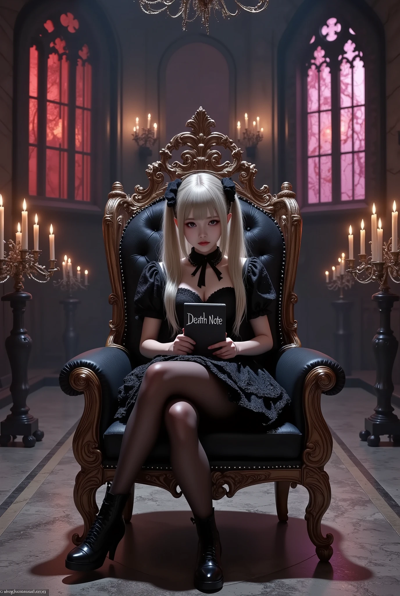 photo Realism style, digital painting, best quality, high detail, 1girl,solo, twin tails,bright hair color,fair skin,(false smile, empty eyes),gothic lolita fashion, black lace dress, black thigh-high stockings, black high-heeled boots, sitting pose on an ornate gothic chair, legs crossed, right hand holding black notebook with“Death Note”written in white letters,(Notes on the front),growing letters,BREAK,dark gothic background, intricate stone archways, stained glass windows with crimson and violet hues, flickering candles, shadows cast across the scene, subtle glowing light accents,BREAK, chromatic aberration, glowing light, anatomically correct, textured skin, super detail, UHD