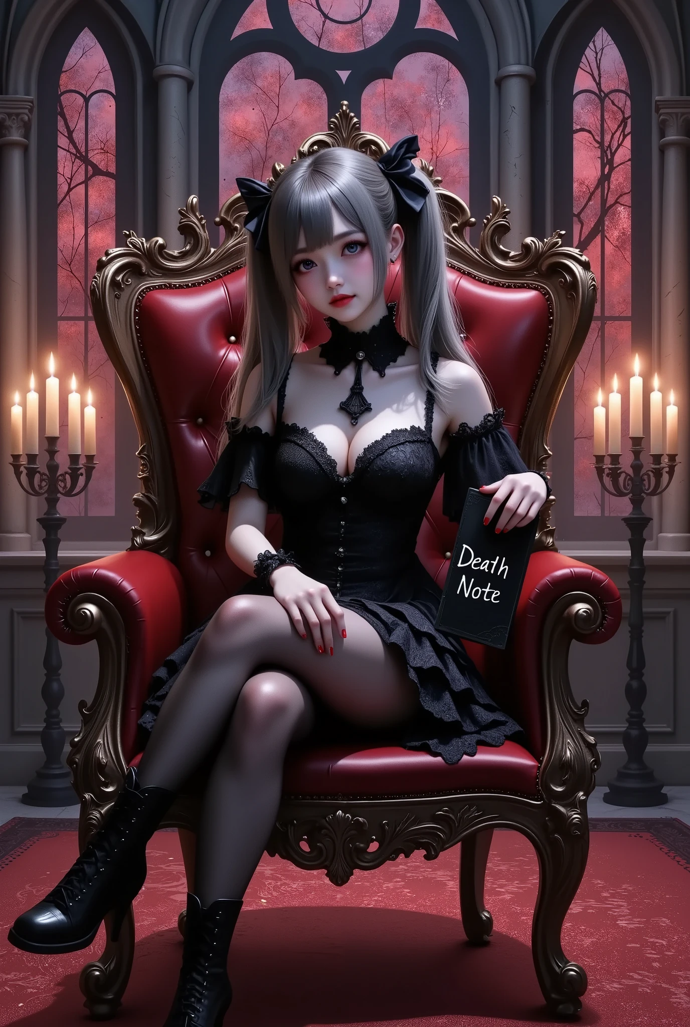 photo Realism style, digital painting, best quality, high detail, 1girl,solo, twin tails,bright hair color,fair skin,(false smile, empty eyes),gothic lolita fashion, black lace dress, black thigh-high stockings, black high-heeled boots, sitting pose on an ornate gothic chair, legs crossed, right hand holding black notebook with“Death Note”written in white letters,(Notes on the front),growing letters,BREAK,dark gothic background, intricate stone archways, stained glass windows with crimson and violet hues, flickering candles, shadows cast across the scene, subtle glowing light accents,BREAK, chromatic aberration, glowing light, anatomically correct, textured skin, super detail, UHD