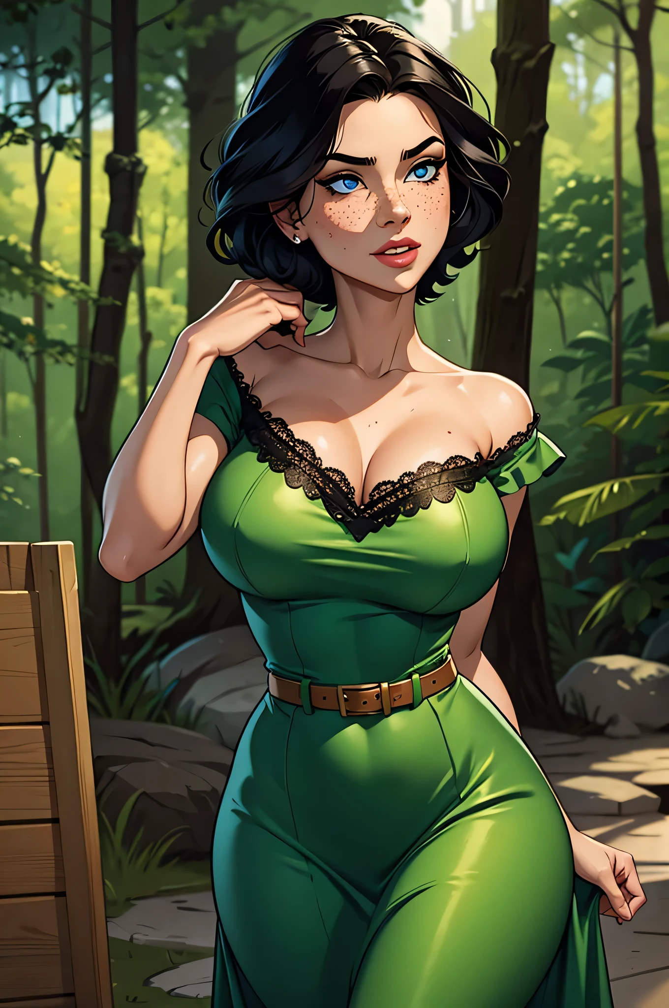 gorgeous tomboy duidess, clothes made of leaves, ivy, poison, vines, dandelions, dark red hair, black hair, pixie cut
