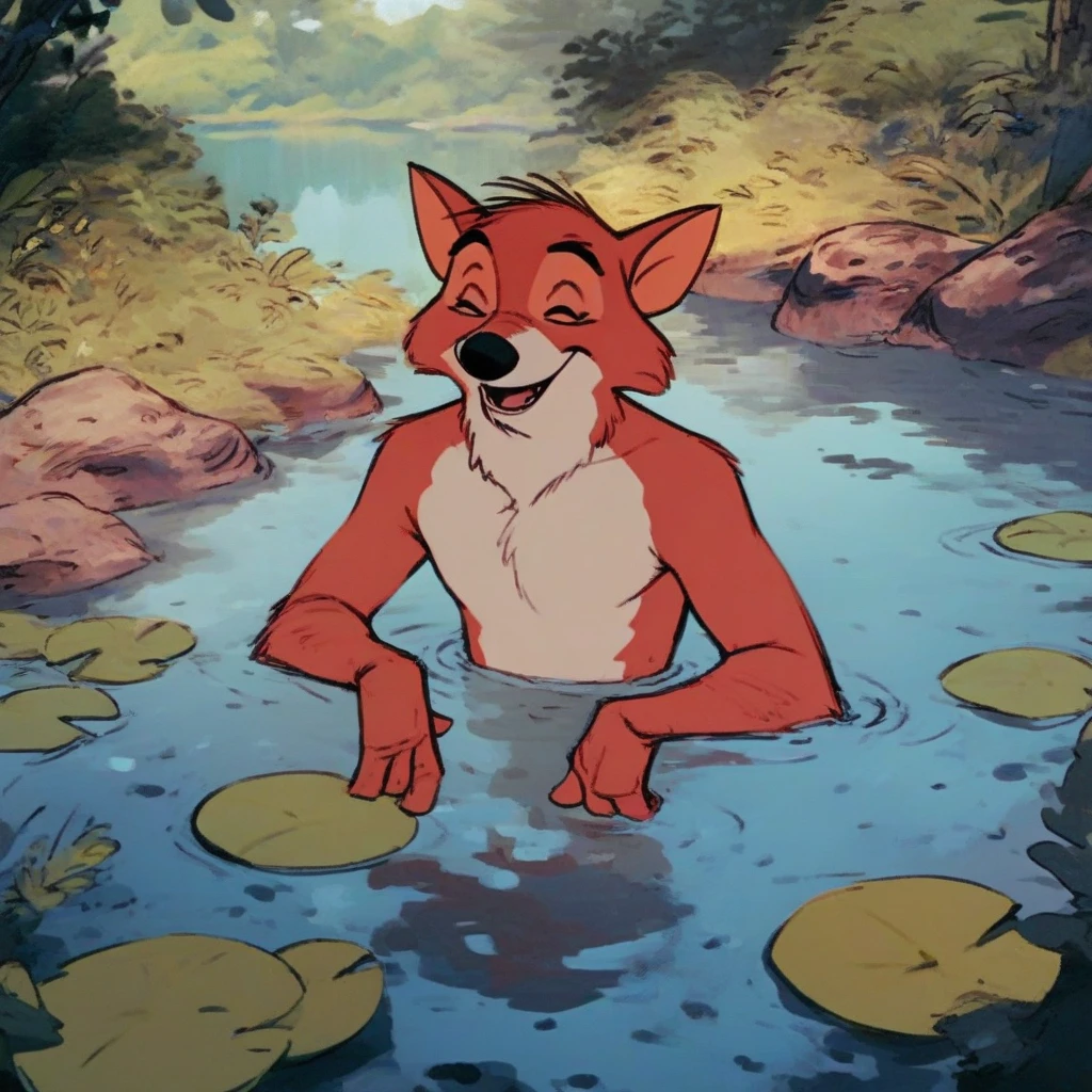 (robinhood:0.8) happy, naked, nude, bathing in lake, shirtless, 