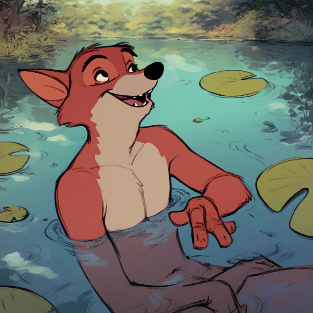 (robinhood:0.8) happy, naked, nude, bathing in lake, shirtless, 