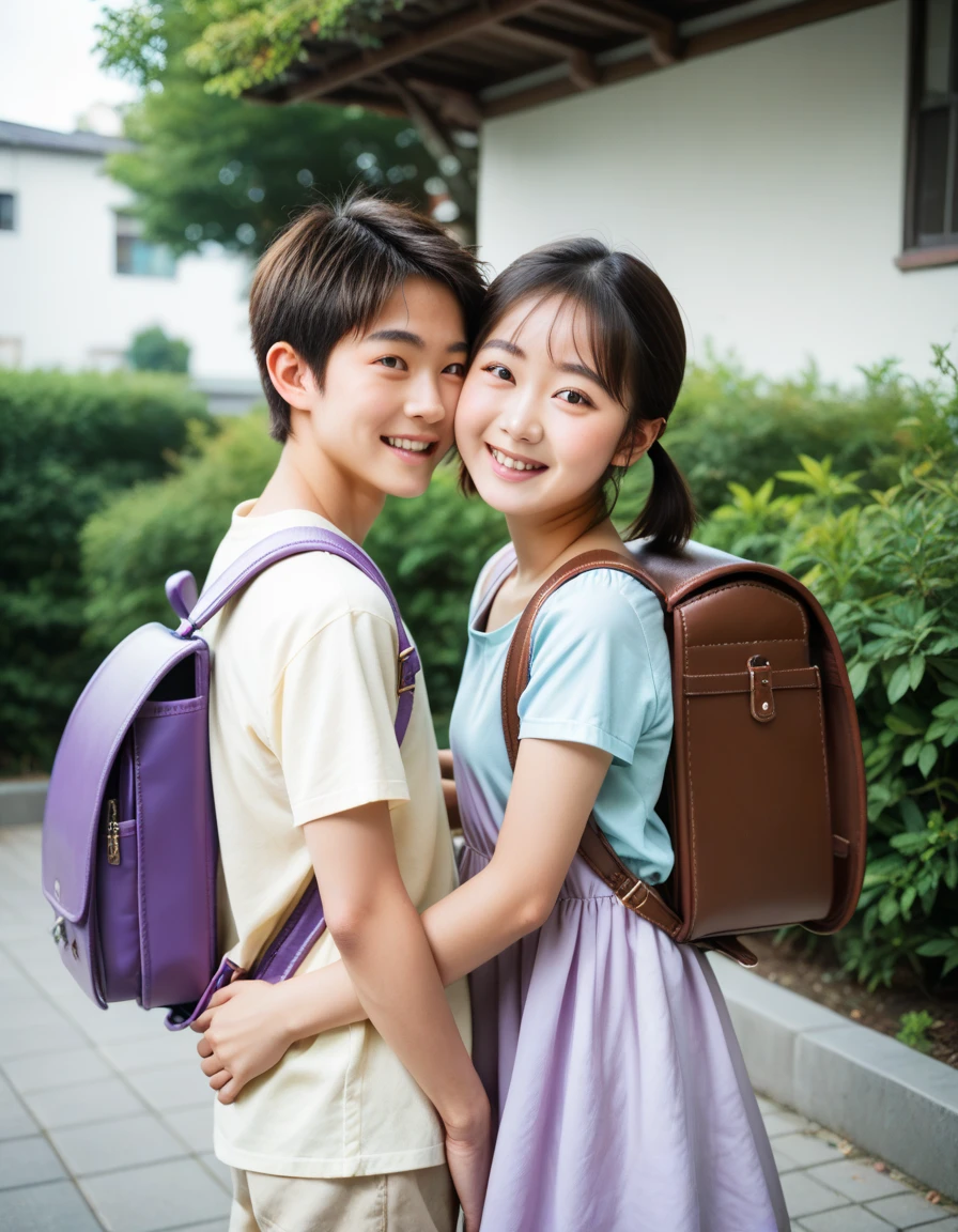 Masterpiece, hd, realistic, couple, different body height, 2 persons, ((1boy, tall body, Asian boy, cute kawaii boy, black straight hair and brown eyes, wearing brown backpack)), ((1girl,(l1ttlegirl), short body, Slender body, small breasts, thing leg, Asian girl, kawaii portrait, cute kawaii girl, short girl, short body height, (l0li in dress), black twintail hair and brown eyes, wearing purple backpack)), wearing casual clothes,smile,  standing, outdoor, wearing Randoseru backpack