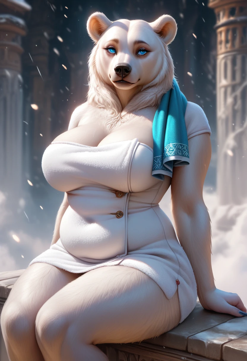 kftenhance, masterpiece, best quality, amazing quality, realistic, bear,solo, furry, female, chubby, curvy, large breasts, sitting, nice eyes, Towel on shoulder, looking at viewer,white fur, white body, detailed eyes, blue eyes, nice eyes, side view
