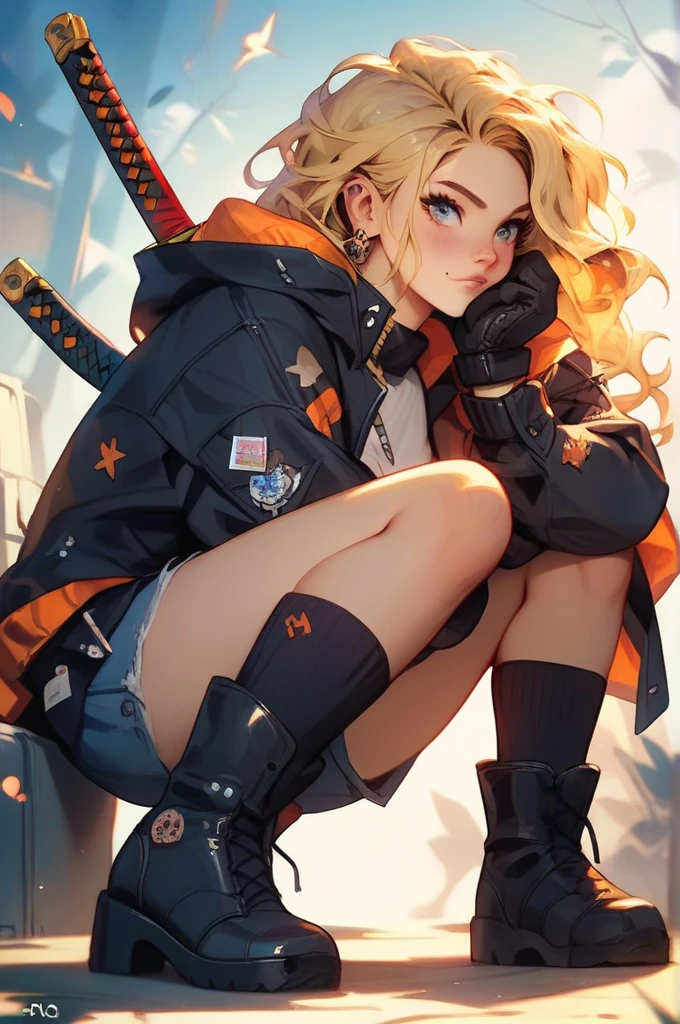 Card illustration, High quality, high details, perfect anatomy, solo, young blonde woman, loose hair, white short tshirt, black jacket on the outside and orange on the inside, blue miniskirt, black knee high socks, black boots, black mittens, in her right hand a gun, katana in the other hand, her katana scabbard is behind her back, She's got a killer look in her eyes, looks at the camera