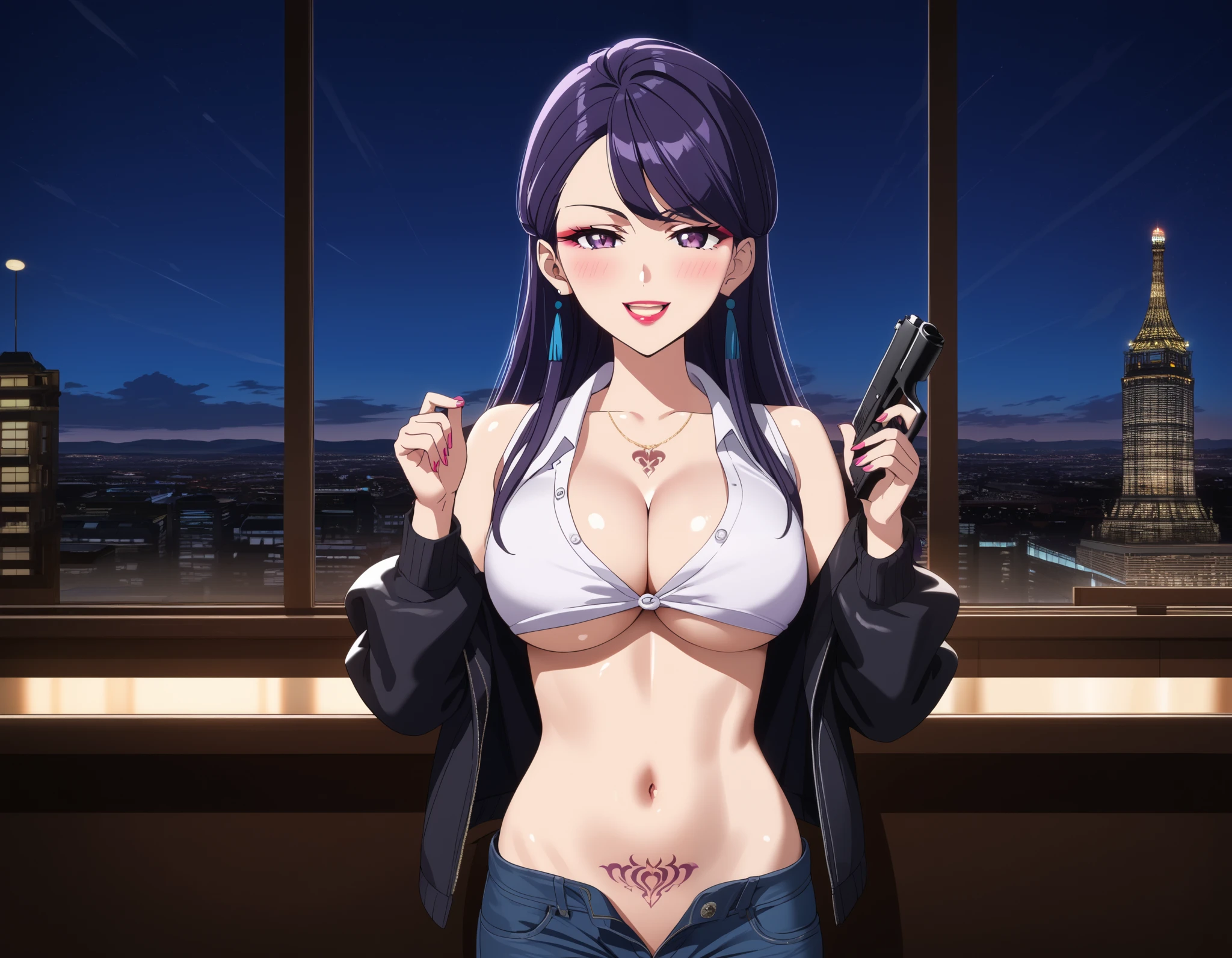 dark blue eyes, gradient hair, long hair, hime cut,hair over one eye,
1girl, large breasts, slender,parted lips,
tsurime, long eyelashes, makeup,eyeshadow,
 cross necklace, , blush, lipstick, black hair, fur trim, mature female, gloves, fur-trimmed coat,,mouth open and tongue out , outdoors, rooftop, cityscape, building, railing, night, night sky, scenery, moon, city lights, masterpiece, best quality, highly detailed, a girls with a gun, evil smile , open mouth, sexy gaze, badass
pose , evil smile, smile, (nsfw) not safe for work, guns blazing, anime girl with long hair, beautiful long
haired girl, navel, evil expression, exposed belly, exposed navel, exposed midriff, exposed lower belly,
long black pants, crop top, cleavage, unbuttoned leather pants ,open fly, low rise black leather pants,
leather jacket, holding a gun