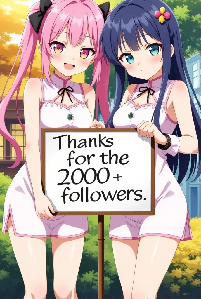 cute,anime illustration of two girls smiling,holding a sign with the text'Thanks for the 2000 followers.' in stylish font,colorful background,cheerful atmosphere,detailed character design,vibrant colors