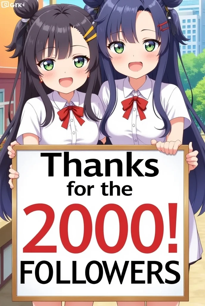 cute,anime illustration of two girls smiling,holding a sign with the text'Thanks for the 2000 followers.' in stylish font,colorful background,cheerful atmosphere,detailed character design,vibrant colors