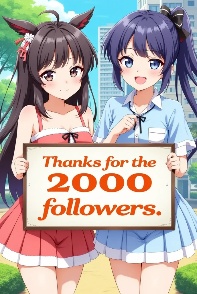 cute,anime illustration of two girls smiling,holding a sign with the text'Thanks for the 2000 followers.' in stylish font,colorful background,cheerful atmosphere,detailed character design,vibrant colors