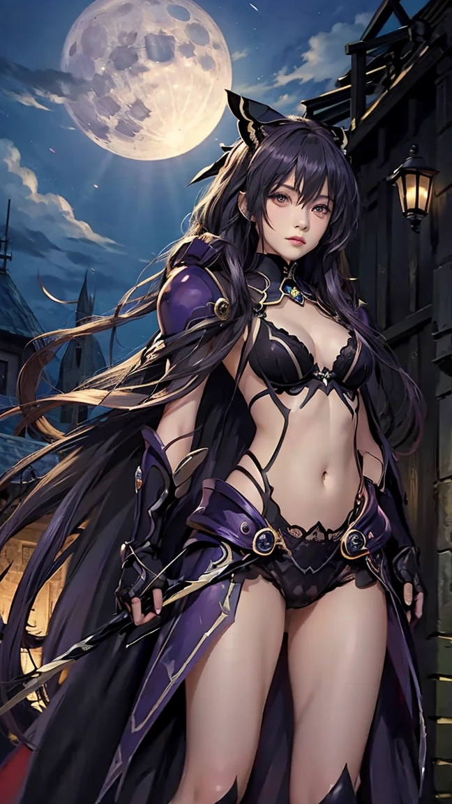 masterpiece, 最佳quality,  high detail,  Fantasy Medieval ，Castlevania， Beautiful Female Warrior ， red eyes ，Small Mouth，Bangs, long hair, head jewelry，Big breasts， Wearing a Black Dress，Bare Belly， Black Cloak ，  Black Armor Gloves ， Black Armor Shoes ， Moon Stripe Design ，masterpiece， Glowing All Over the Body ，Handheld Sword ， is very detailed， Appears in the Moonlight ，quality, Shine Effect , , 