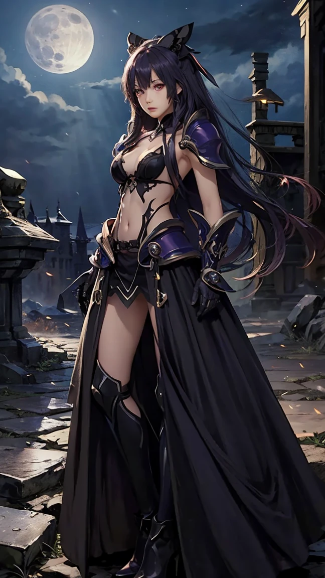 masterpiece, 最佳quality,  high detail,  Fantasy Medieval ，Castlevania， Beautiful Female Warrior ， red eyes ，Small Mouth，Bangs, long hair, head jewelry，Big breasts， Wearing a Black Dress，Bare Belly， Black Cloak ，  Black Armor Gloves ， Black Armor Shoes ， Moon Stripe Design ，masterpiece， Glowing All Over the Body ，Handheld Sword ， is very detailed， Appears in the Moonlight ，quality, Shine Effect , , 