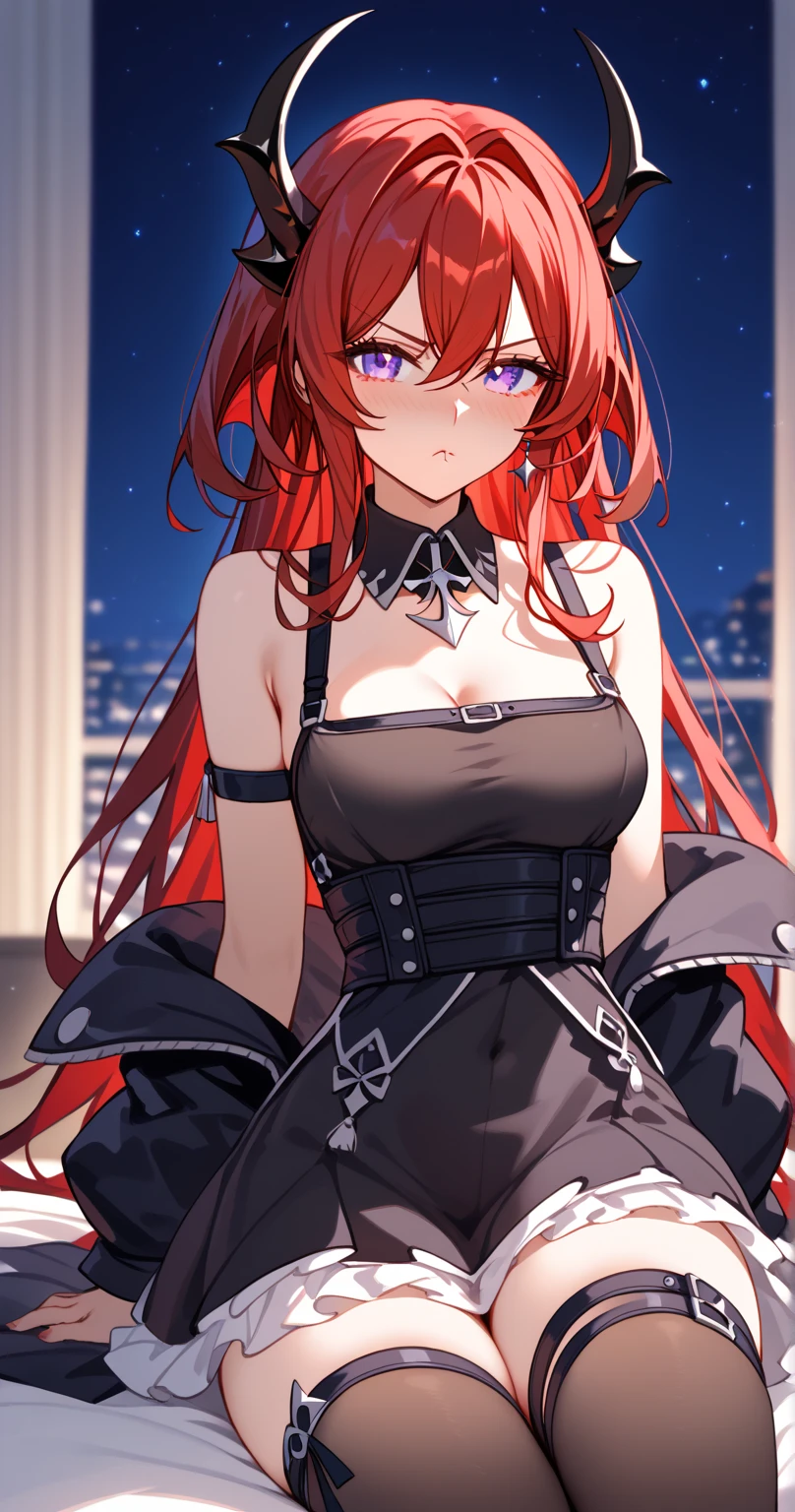 surtr ,Sur_Def, (black Daemon Horns), purple eyes, red hair,long hair、black dress, layered dress, chest strap, black thighhighs, thigh strap, off-shoulder jacket, sleeveless dress, black belt, black jacket, open jacket, cropped jacket, layered skirt, short dress, black gloves, fingerless gloves, detached collar, armband, bare shoulders, mature body、 forward leaning position、
BREAK
25 year old woman,sexy Lip、Translucent skin， slender body、medium breasts,the skin is fair 、Moist eyes、Gentle eyes、Gentle look,looking at viewer , jitome,pout,nose blush, kneeing,
BREAK
high definition , masterpiece,  anatomically correct ,  very detailed,  High Quality 
BREAK
(bedroom at night:1.3),Dienamic sexy pose,fullbody shot