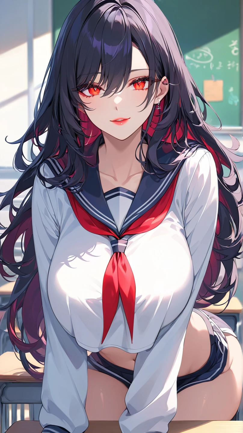 high tail hairstyle, Ponytail hairstyle, Long wavy black hair, standing posing, anime girl style, pixel art anime style,penetrating look with deep eyes,red and purple eyes, hair with a ponytail hairstyle trapped with a big red bun, Women, red hair clips, x color shaped hair clips , short white shirt, smooth receptionist miniskirt, skirt attached to the body marking her ass, smooth miss, smiling face blush, standing in his bedroom, next to his bed, receptionist clothes, lifting her skirt, grabbing her skirt with her hands to lift it up, letting her look at her underwear. 