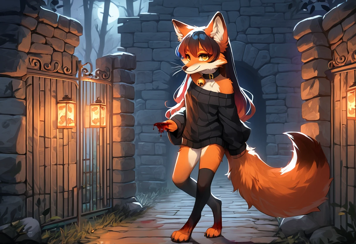 full body、Solo、unpralleled masterpiece、Detailed、 Beautiful、 score_9、 score_8_up、 score_7_up、(Friday the 13th、the number 13 written on a stone wall with blood)、moody atmosphere、mysterious、fox、anthro、furry、female、orange fur、(long hair、beautiful hair、orange hair、side swept hair、bangs)、yellow eyes、(tuft of fur)、(digitigrade、claws、fox paws、exposed feet)、(foxy whiskers)、(heavily shaded orange body、dark black shading on body)、(sassy pose、sassy hips、sassy、flirtatious)、fluffy tail、(light smile、soft smile)、wearing (Black simple stylish long socks、non-transparent thigh highs、Black crop off shoulder sweater、Colored hair bow、Collar with gold bell)、(stading next to a metallic gate、stone wall)、night、tree、lantern on post、incantations on wall、scratching finger onto wall、gazing at viewer with side eye