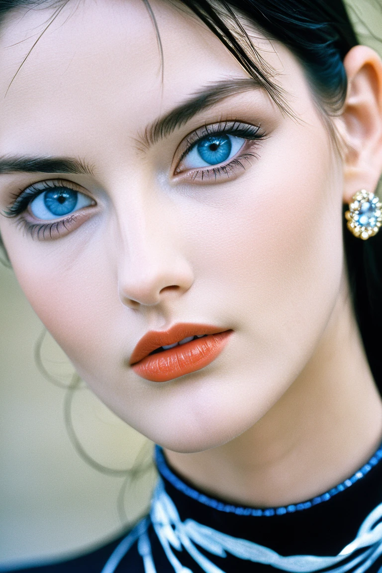 1997 fashion photography of a beautiful model, wearing designer clothes,  black hair, high cheekbones, blue eyes, light eyes, natural beauty, oval face, earrings, sharp focus, ultra high res, skin details, makeup, 