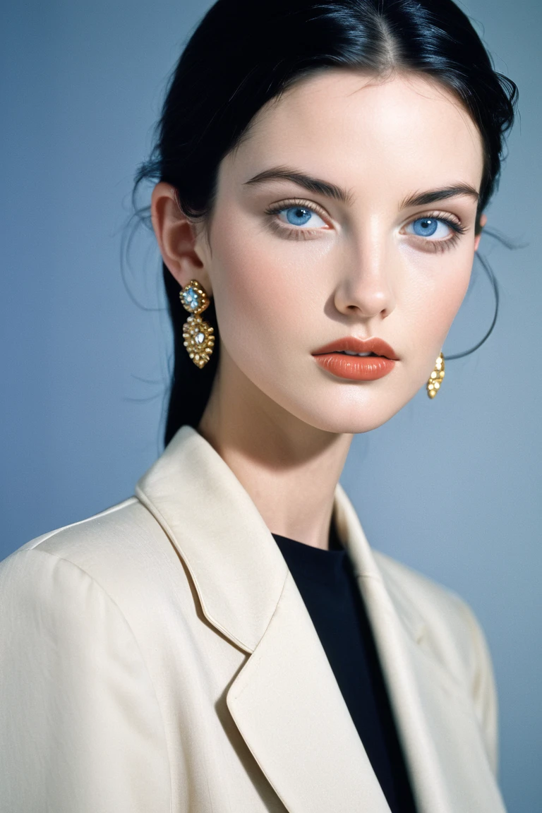 1997 fashion photography of a beautiful model, wearing designer clothes,  black hair, high cheekbones, blue eyes, light eyes, natural beauty, oval face, earrings, sharp focus, ultra high res, skin details, makeup, 