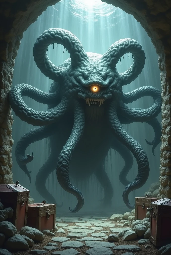 A lovely female indiana Jones (sexy explorer outfit), has discovered the throne chamber in an ancient ruin. (Eldritch symbols cover the odd obsidian wall partly obscured by slimes, molds, and fungus), (A throne of power(made of bone and gold pulsing with evil energy, its guardian is an enormous eldritch horror with many slimy tentacles and an enormous maw) beckons to her to approach the empty throne.
