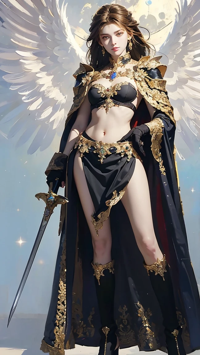 masterpiece, 最佳quality,  high detail,  Fantasy Medieval ，Castlevania， Beautiful Female Warrior ， red eyes ，Small Mouth，Bangs, long hair, head jewelry，Big breasts， Wearing a Black Dress，Bare Belly， Black Cloak ，  Black Armor Gloves ， Black Armor Shoes ， Moon Stripe Design ，masterpiece， Glowing All Over the Body ，Handheld Sword ， is very detailed， Appears in the Moonlight ，quality, Shine Effect , , 