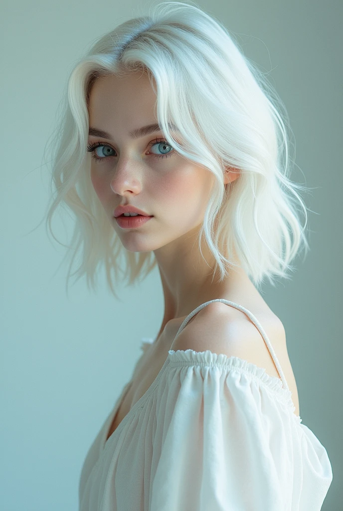 Instagram Photos, French woman, 21 years old, square hair cut,White Hair, Drape shirt, Neckline, pale, Sharp Shadow,whole body,Pure white background
