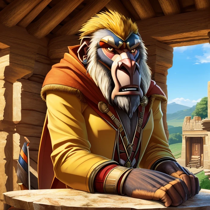 Masterpiece, HD, high resolution, high quality, best quality, super detailed. Solo character alone. Fantasy art.
{{(A 30-years-old female-adult-mandrill-alchemist:(appearance: female-mandrill-head. real-mandrill-face. Mandrill-yellow-brown-color-eyes. Mandrill-nose. Mandrill-ears. Mandrill-mouth. Mandrill-teeth. Female-slender-mandrill-anthro-female-body. Mandrill-fur. Anthro-mandrill-arms. Mandrill-hands-with-five-fingers and grey-nails. Anthro-mandrill-slender-legs. Mandrill-feet. five-mandrill-feet-fingers-with-grey-sharp-nails. She stands 1,64-CM-tall. Mandrill-wary-face. Reserved-pose. Stoic-demeanor.),(equipment: emerald-crystal-short-wand.),(she wears: yellow-tunnic. Yellow-jacket. Yellow-pants. Yellow-cloak.),(scenery: simple-carthage-cabin. Orange-colored-stone-walls. Little-stone-table. Afternoon-sky.))}}