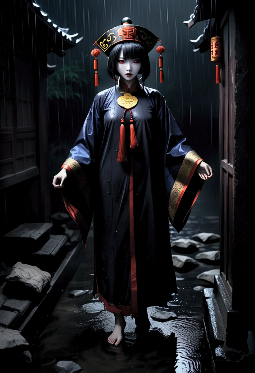 (((Female jiangshi))) , ((paper talisman)) stuck on forehead, blank eyes, pale face, (fangs) , unclothed, ((naked)) in ((ragged manchurian clothing remains)) , eerie ambience. Rainy night. (Full body view) 