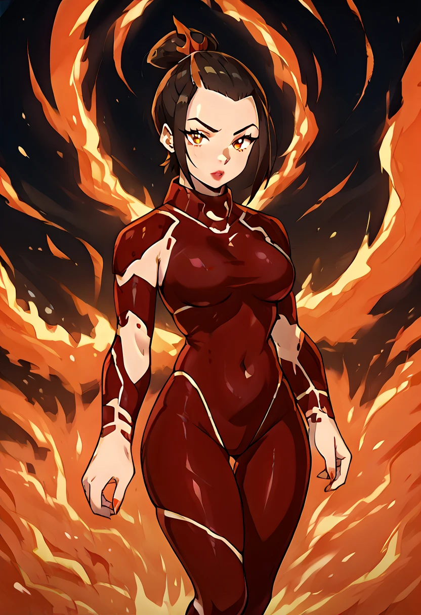 Azula from Avatar The Last Airbender wearing a sexy and fiery version of Heatblast's outfit from Ben 10, a skintight bodysuit in fiery shades of red, orange, and yellow, designed to look like molten lava with glowing cracks, her figure is curvy with large breasts, a slim waist, and thick thighs, the bodysuit has cutouts that reveal her skin glowing with a fiery effect, her hair is styled in her signature dark brown with fiery highlights, her hands emit small blue flames to reflect her Firebending abilities, her expression is confident and fierce, the setting is a dark volcanic environment with glowing lava streams and embers floating in the air, there are no elements or colors related to the Fire Nation other than her natural fiery presence