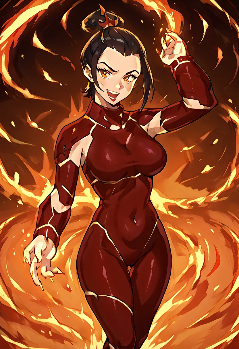 Azula from Avatar The Last Airbender wearing a sexy and fiery version of Heatblast's outfit from Ben 10, a skintight bodysuit in fiery shades of red, orange, and yellow, designed to look like molten lava with glowing cracks, her figure is curvy with large breasts, a slim waist, and thick thighs, the bodysuit has cutouts that reveal her skin glowing with a fiery effect, her hair is styled in her signature dark brown with fiery highlights, her hands emit small blue flames to reflect her Firebending abilities, her expression is confident and fierce, the setting is a dark volcanic environment with glowing lava streams and embers floating in the air, there are no elements or colors related to the Fire Nation other than her natural fiery presence