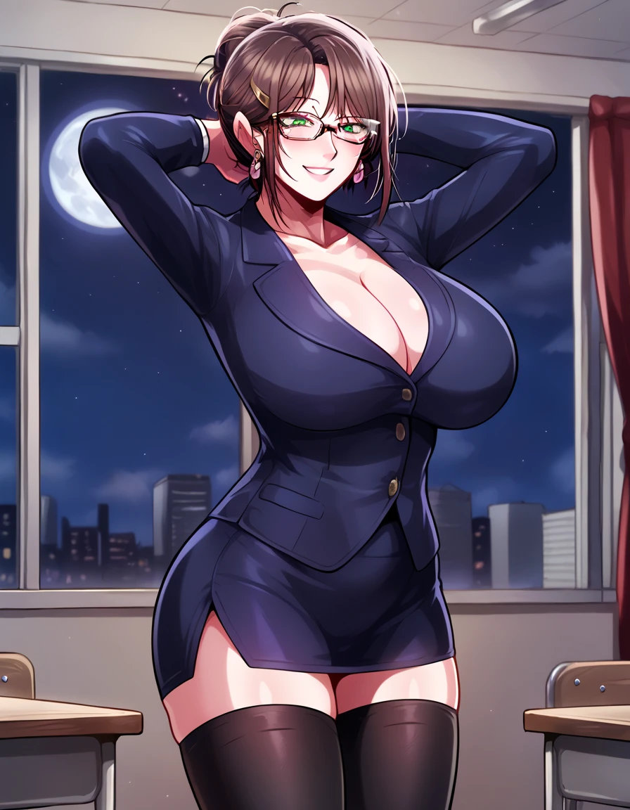 score_9,
 girl standing ,  Leaning against the Table , Hands behind head,  Place Your Hands on Your Hips ,
Remi Izumi ,  1 girl,  mature woman, Alone,
 watching viewers, , smile, Open lips,
Brown Hair,  short hair, hair up,  hair clip, Glasses,  green eyes,  earrings,
 blazer,  Pencil Skirt,  black thigh high socks, Lace trim,
Curvy,  Big Breasts,  thigh thickness,  clevis on a stone,
indoor, classroom,  Window , null,  moonlight, city,  moon, day,
