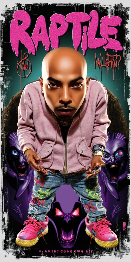 2D Character Nztykle as a comic::7.2 . The man is Muscular Wearing Streetwear, the man has super close shaven skin Bald Head::5.1 , Marvel comic book cover in the style of the, 2000s, with a MASCULINE man rapper wearing Streetwear character, with the title "NA LISTEN", 2000s comic book cover featuring the Man, wearing a Hi end Designer luxury gucci Pastel colored sweatsuit, designer moncler bubble jacket and ripped skinny jeans, tons diamond chains from johnny Dang, perfect masterpiece, high quality, high resolution, large, 8k, cinematic. The man should be depicted with exaggerated and distant facial expressions, using thick lines, bold shadow cracks and deep shadows, highlighting its chaotic and intense nature. The cover should have a worn and distressed texture, with a soft color palette of purples, greens and reds to evoke a sinister yet retro feel. In the background, show a gritty urban scene. The a man should be in a dynamic pose, embodying his unpredictable and dangerous personality. Add classic comic book elements like a bold title ('Raptile Records: '), a scary subtitle ('NEVER ALONE?'), and 'Written by Na Listen' as the author. Include the issue number (#1), a small price (e.g. '10¢'), and a publisher's logo in the corners. Keep the layout clean but intense, focusing on twisted personality while maintaining the aesthetic of 2000s comics.
